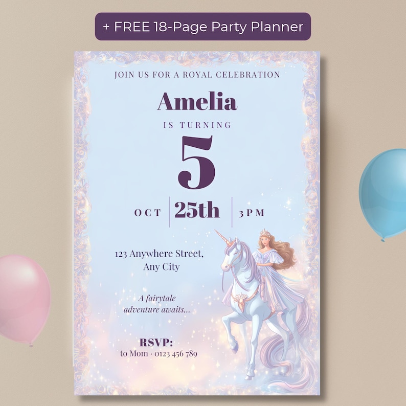 Editable princess birthday invitation with a princess riding a white unicorn, periwinkle sky and iridescent frame, reading Amelia is turning 5, with a free 18-page party planner banner
