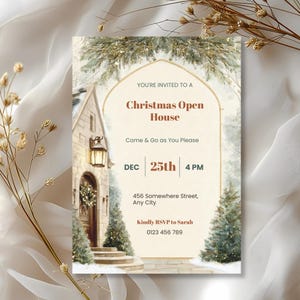 Christmas Open House invitation styled with dried flowers and gold accents