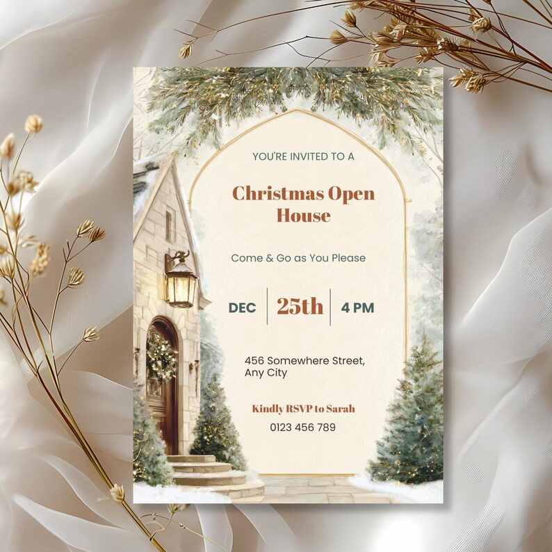 Christmas Open House invitation styled with dried flowers and gold accents, printable holiday gathering invite
