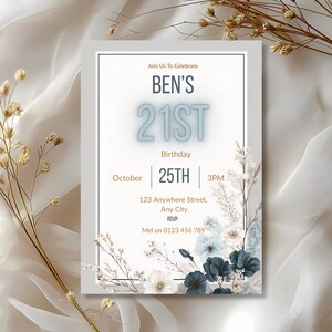 May include: A birthday invitation with the text "BEN'S 21ST Birthday" in a light blue font. The invitation includes the date "October 25th" and the time "3PM". Floral accents in white and blue decorate the corners.