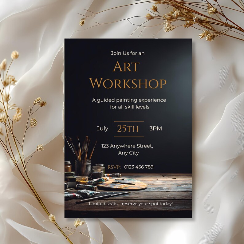 Cinematic painting workshop invitation template with artist studio props and large negative space for text
