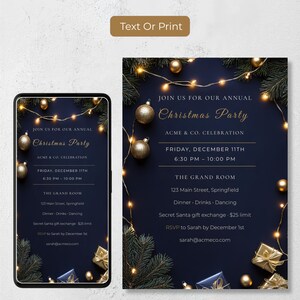 Company Christmas party evite on a phone beside a printable 5x7 invitation, same navy and gold design with Christmas Party wording, text or print it