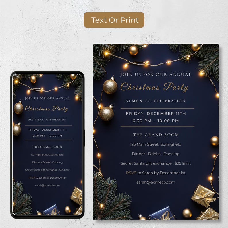 Company Christmas party evite on a phone beside a printable 5x7 invitation, same navy and gold design with Christmas Party wording, text or print it