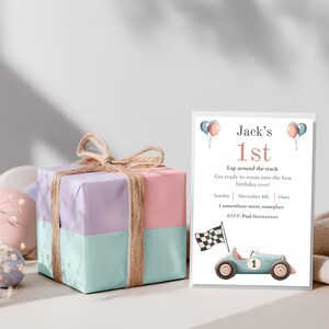 Pastel Race Car 1st Birthday Invitation, Editable Canva Lap Around The Track Template for Kids Party image 4