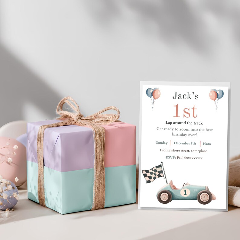 Pastel Race Car 1st Birthday Invitation, Editable Canva Lap Around The Track Template for Kids Party image 4