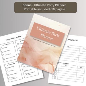 Free 18-page printable party planner bonus with checklist, budget, and shopping list pages