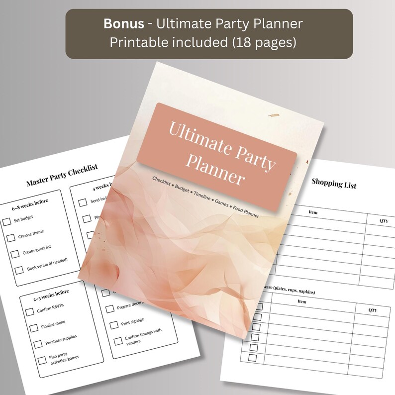 Free 18-page printable party planner bonus with checklist, budget, and shopping list pages