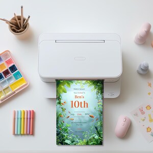 Printed version of the aquarium birthday invitation with goldfish and aquatic plant border, ready for mailing or handout