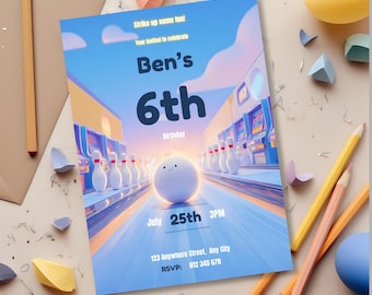 6th birthday invite boy bowling and arcade, Kids Bowling Party Invite, Editable Canva Template, Instant Download Printable Invite