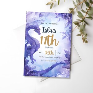 Elegant purple dragon birthday invitation for a teen girl, watercolor fantasy design on a white envelope with eucalyptus, printable 5x7