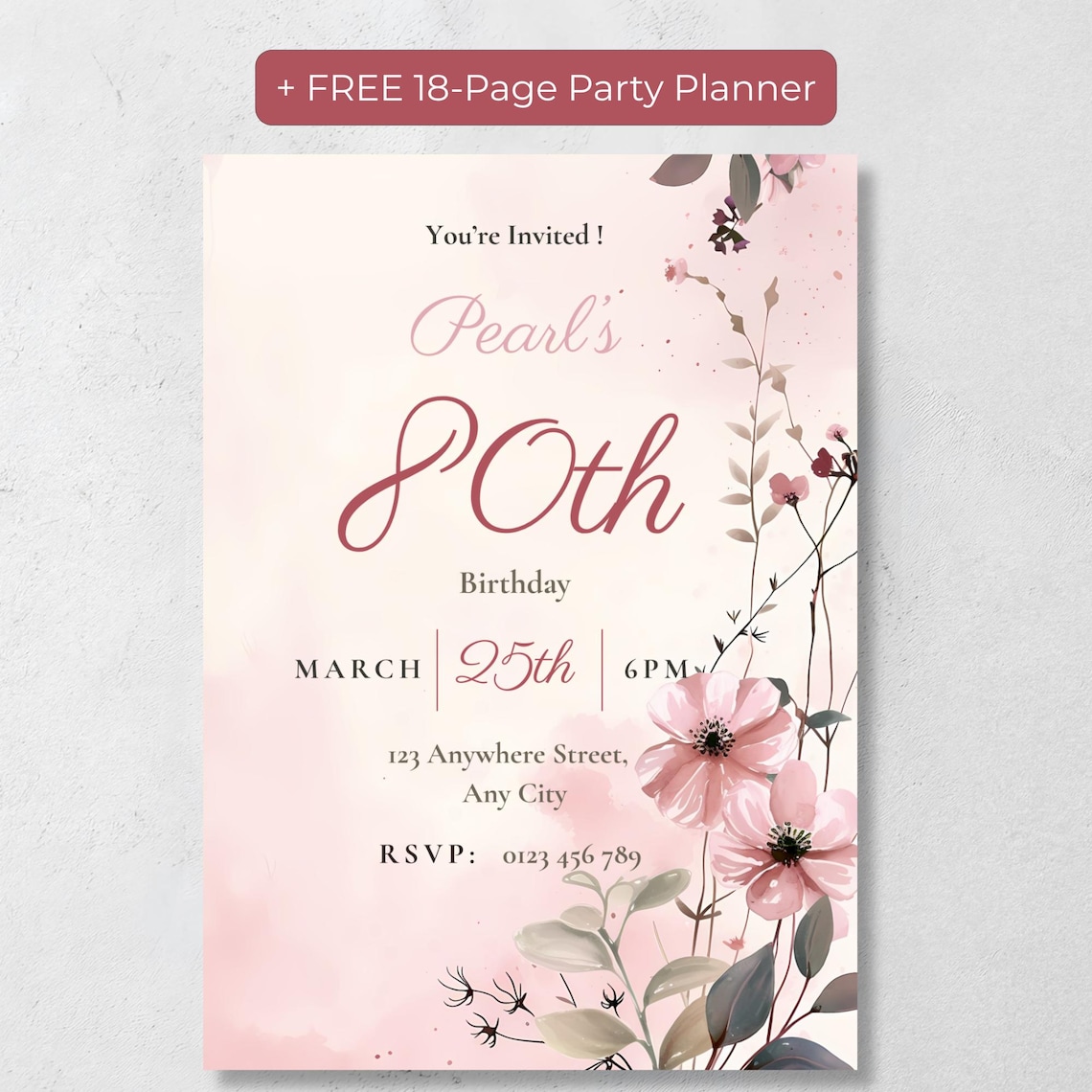 80th Birthday Invitation Template — Elegant Floral, Editable in Canva