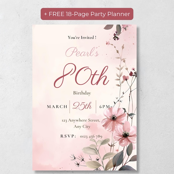 80th Birthday Invitation Template — Elegant Floral, Editable in Canva