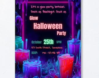 Halloween Glow Party Invite, Funny Halloween Invitation, Neon Glow Party Invite, Editable Adult Canva Template, Spooky Party Printable