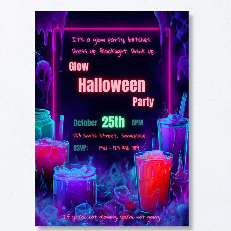 Halloween glow party invitation editable Canva template neon blacklight design instant download