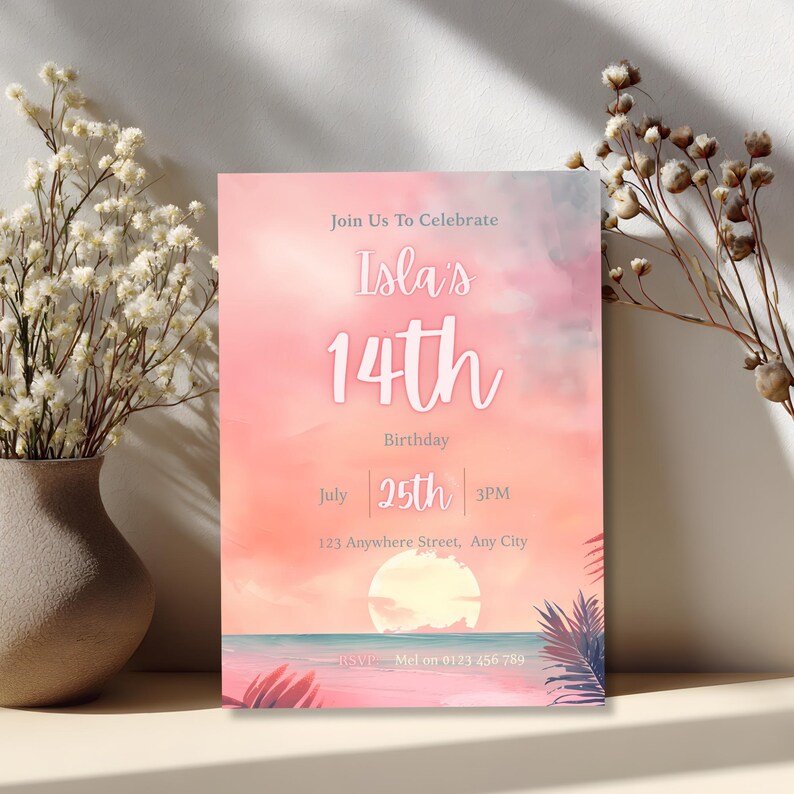 May include: A pink and orange birthday invitation with the text "Isla's 14th Birthday." The invitation includes the date, time, and location. The design features a sunset scene with palm fronds and a stylized sun.