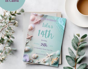 Pastel Coastal Teen Girl Birthday Invitation, Editable 5x7 Canva Party Invite
