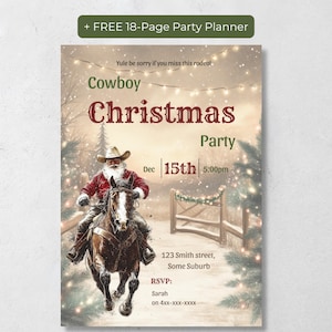 Cowboy Christmas Invitation with Santa riding a horse in a snowy western scene, includes a free 18-page printable party planner, editable Canva template for a cowboy Christmas party.