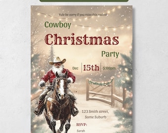 Cowboy Christmas Invitation, Santa Rodeo Christmas Party Invite, Editable Western Canva Template, Digital Download + Free Party Planner
