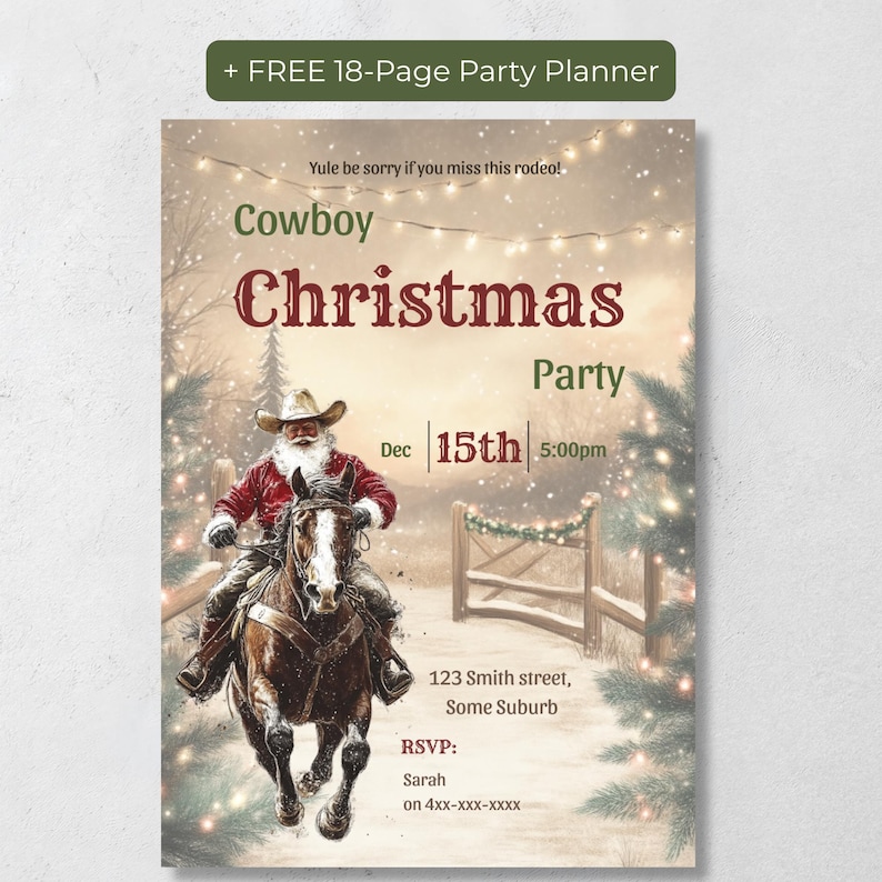 Cowboy Christmas Invitation with Santa riding a horse in a snowy western scene, includes a free 18-page printable party planner, editable Canva template for a cowboy Christmas party.
