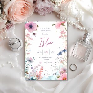 Editable Bridal Shower Invitation Template Canva | Printable Floral Watercolor Invite for Garden Tea Party, Instant Download