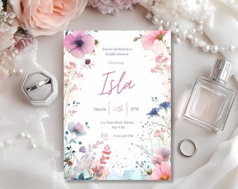 Editable Bridal Shower Invitation Template Canva | Printable Floral Watercolor Invite for Garden Tea Party, Instant Download
