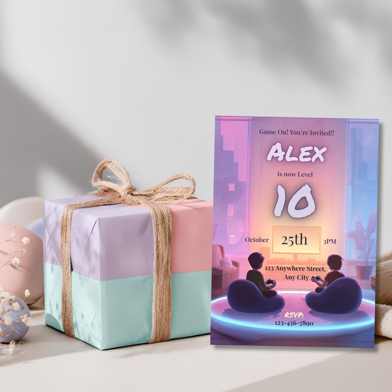 Gaming birthday invitation template displayed beside a wrapped gift box, editable video game party invite for a kid's birthday celebration