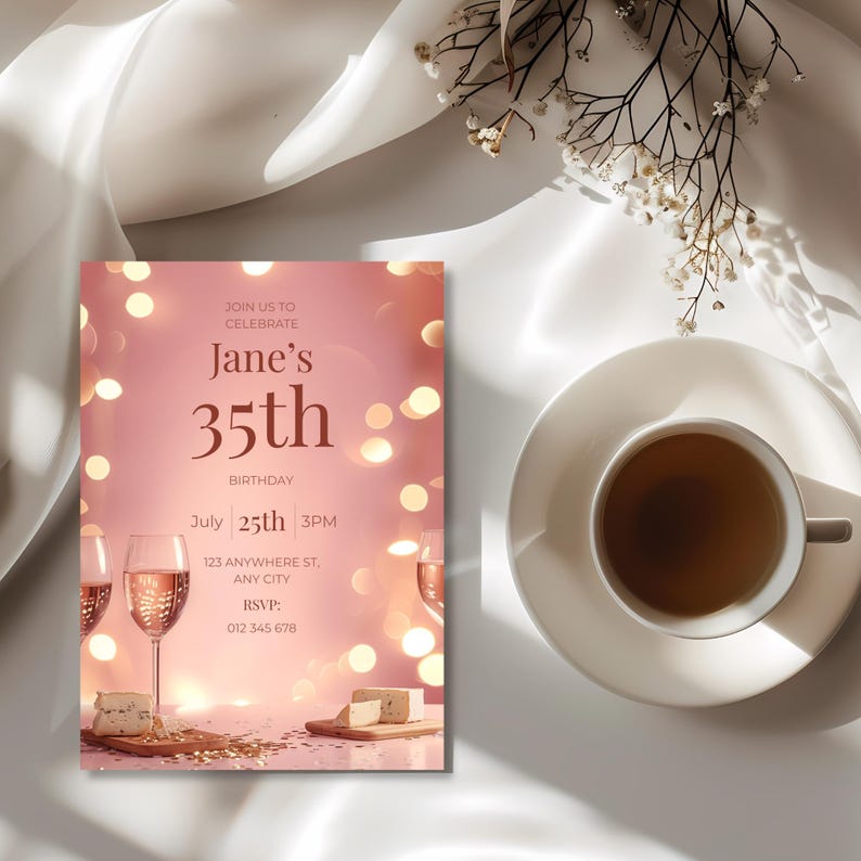 Elegant wine birthday invitation template for women, minimalist pink design suitable for classy milestone party