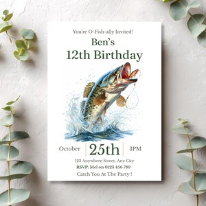 Editable fishing birthday invitation featuring a realistic bass jumping from water, printed on white cardstock