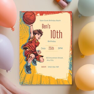 Basketball birthday invitation mockup with comic-style dunking boy, vibrant colors, editable Canva template.