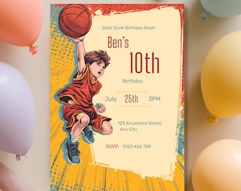 Basketball Birthday Invitation Boy, Kids Party Invite, Editable Canva, Printable Digital, Comic Style, Ages 8-12