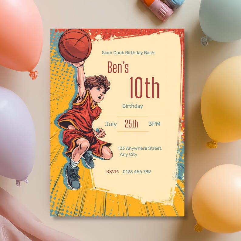 Basketball birthday invitation mockup with comic-style dunking boy, vibrant colors, editable Canva template.