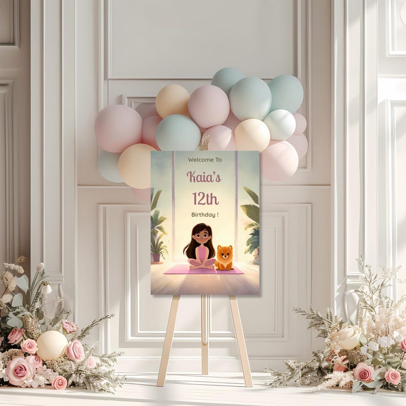 Close-up detail of the fluffy puppy illustration sitting beside the yoga mat in the puppy yoga birthday welcome sign design with soft pastel colouring.