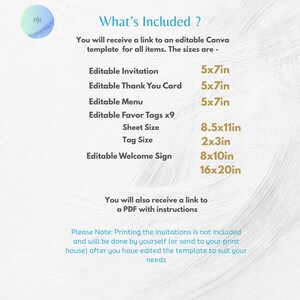May include: A digital template details what's included: editable invitation, thank you card, menu, favor tags, welcome sign, and sizes in inches. Includes a PDF with instructions. Printing is not included.