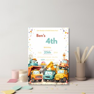 Smiling construction trucks birthday invitation in playful children’s illustration style, ready for personalization in Canva.