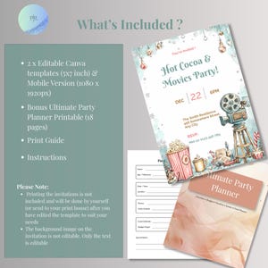 Infographic showing what's included: editable Canva templates, mobile version, and free party planner