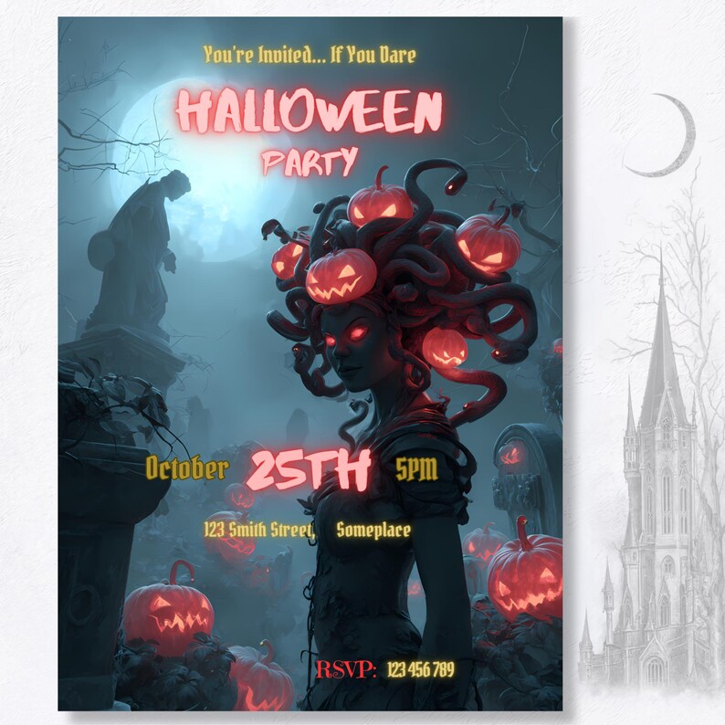 Gothic Halloween party invitation template, Medusa pumpkin head design with haunted castle and crescent moon, adult horror invite Canva