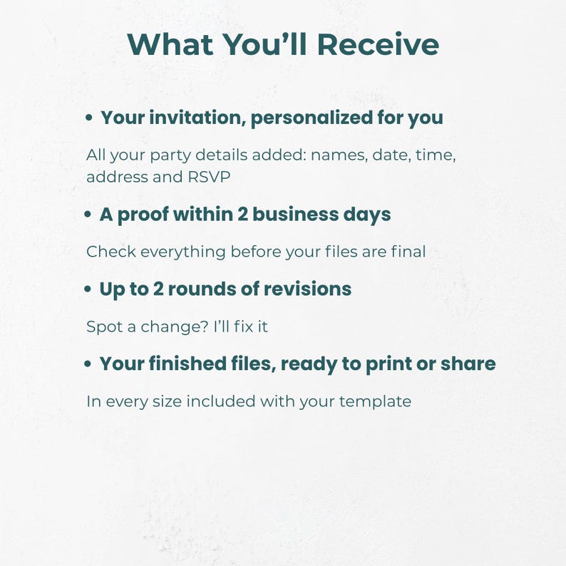 What you’ll receive: your invitation personalized with your party details, a proof within 2 business days, up to 2 rounds of revisions, and finished files ready to print or share