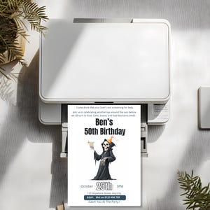 Funny 50th birthday invitation printing from a home printer, editable Canva template ready to print at home