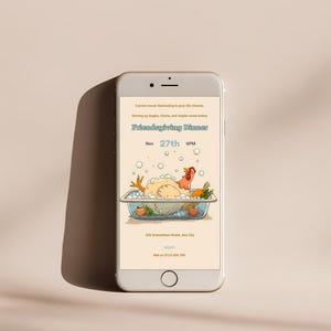 Funny turkey Friendsgiving invitation shown on a mobile phone screen, 1080x1920 editable text or evite template