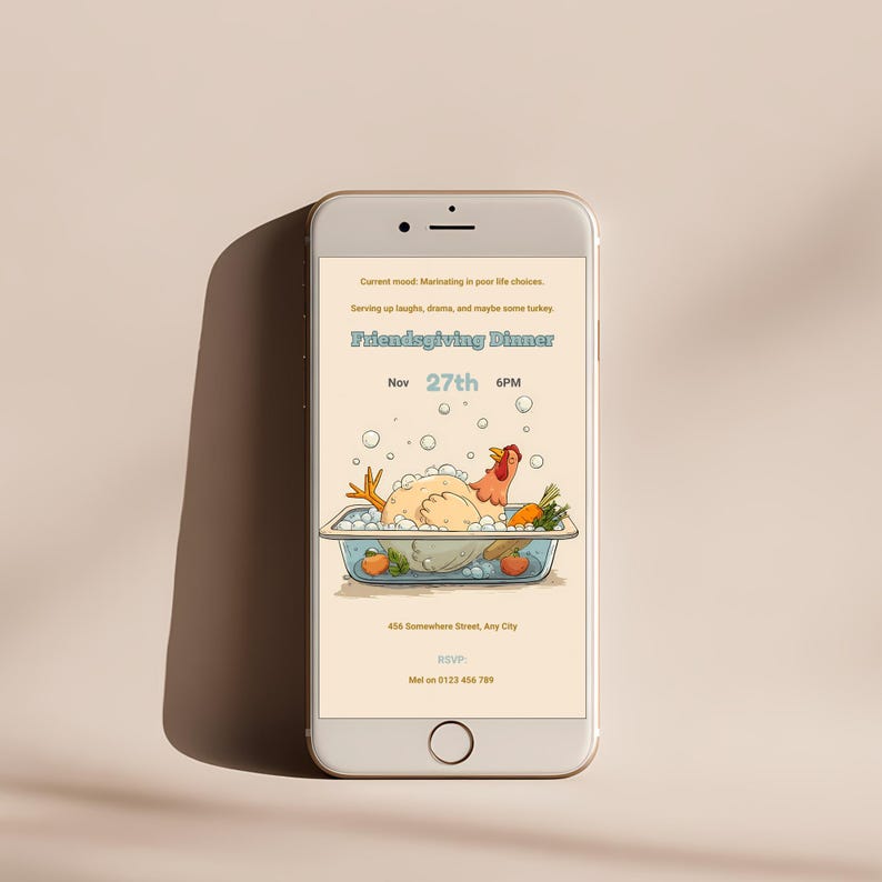 Funny turkey Friendsgiving invitation shown on a mobile phone screen, 1080x1920 editable text or evite template