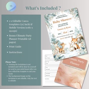 Infographic listing what's included: editable Canva templates, mobile version, and free party planner bonus