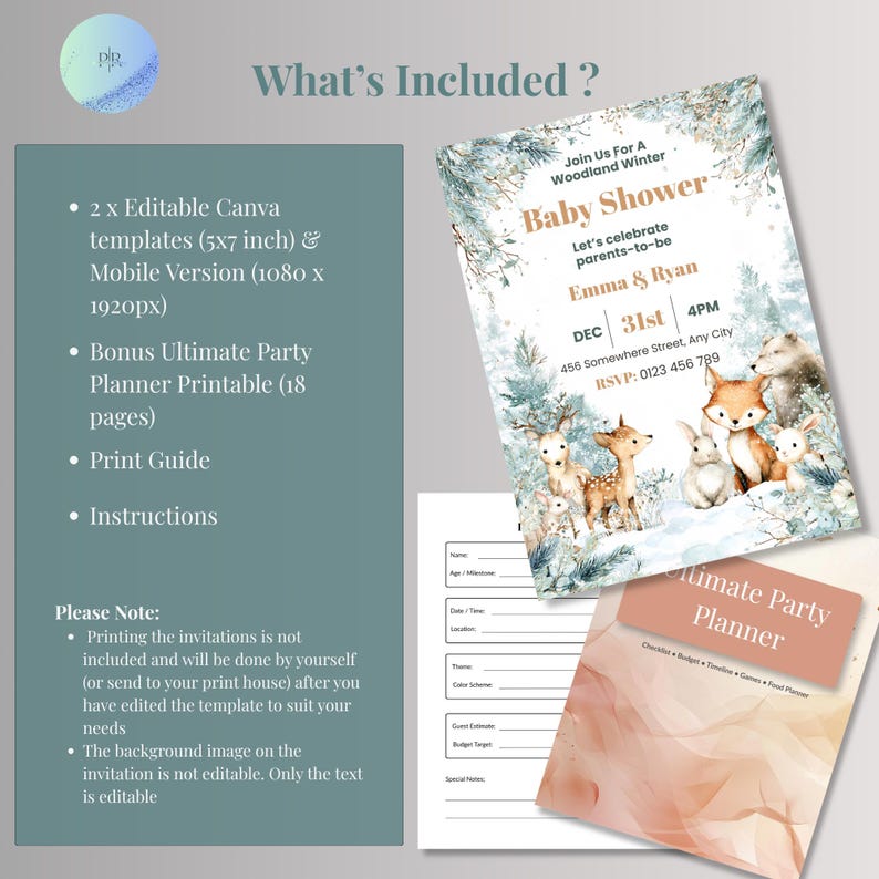 Infographic listing what's included: editable Canva templates, mobile version, and free party planner bonus