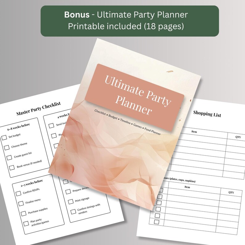 Free bonus 18-page printable party planner with master party checklist, shopping list and budget pages for your holiday dinner party