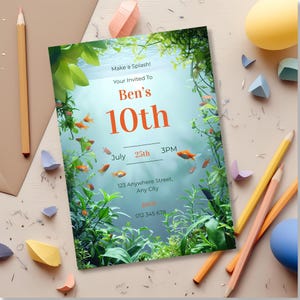 Aquarium birthday invitation styled with party decorations, showing vibrant underwater theme for boys’ birthday