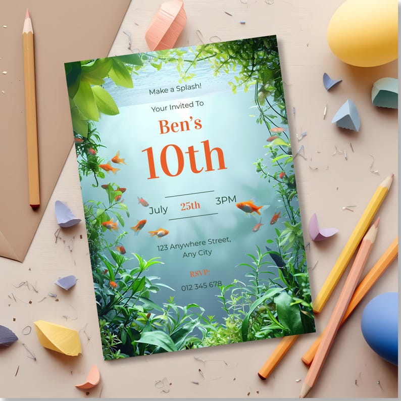 Aquarium birthday invitation styled with party decorations, showing vibrant underwater theme for boys’ birthday