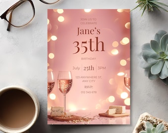 Elegant Pink 35th Birthday Invitation Template, Birthday Party Invitation for Women, Wine Invite, Editable Canva Template + Thank You Card