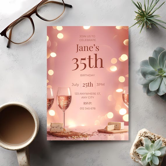 Pink Wine 35th Birthday Invitation