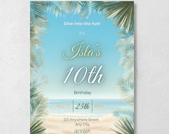Beach Birthday Invitation, Editable Ocean Party Invite, Kids Tropical Birthday Canva Template, Self Edit or We Edit, Digital Download