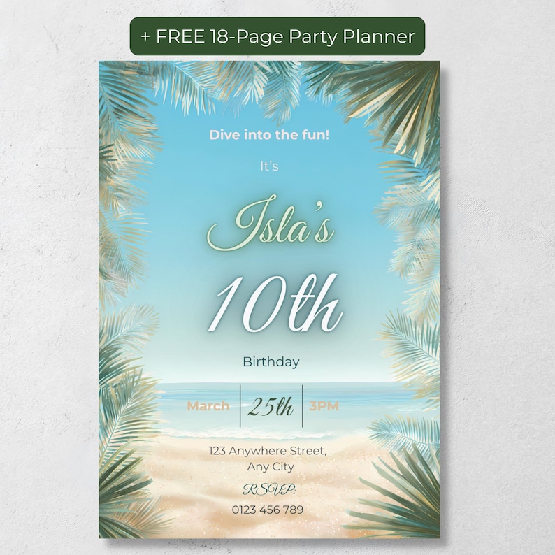 Editable beach birthday invitation with ocean and palm leaf design