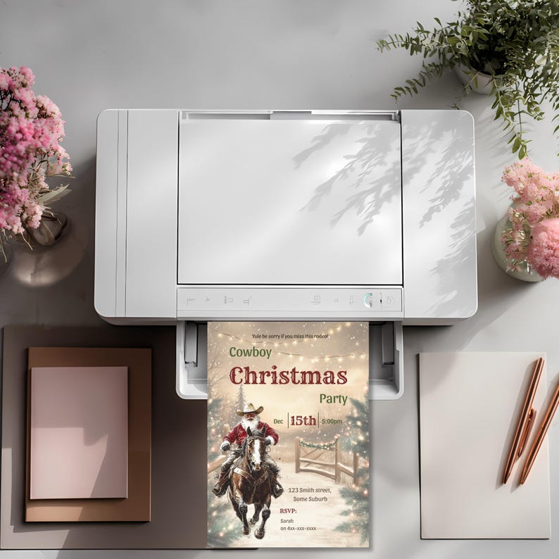 Cowboy Christmas Invitation printing from a home printer, showing how easily this editable Canva template can be printed for a western Christmas party.